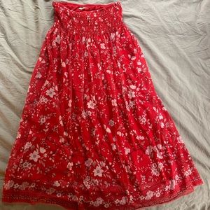 Red floral skirt with smocked waist.